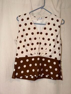 LK Bennett White and Brown Polka Dot Sleeveless V-Neck Top